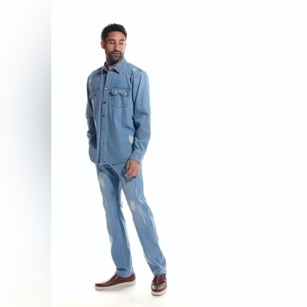 Stacy Adams Men's 2pc Set Long Sleeve Denim Walking Suit Faux Rips
